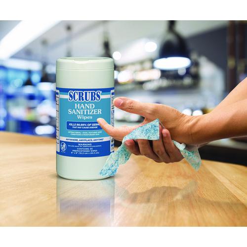 Image of SCRUBS® 90985 Hand Sanitizer Wipes, 1-Ply, 6 x 8, Unscented, Blue/White, 85/Canisters, 6 Canisters/Carton