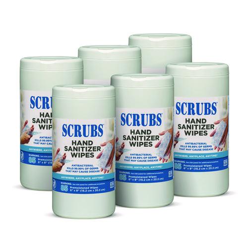 Image of SCRUBS® 90985 Hand Sanitizer Wipes, 1-Ply, 6 x 8, Unscented, Blue/White, 85/Canisters, 6 Canisters/Carton
