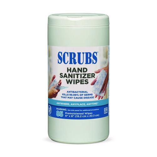 Image of SCRUBS® 90985 Hand Sanitizer Wipes, 1-Ply, 6 x 8, Unscented, Blue/White, 85/Canisters, 6 Canisters/Carton