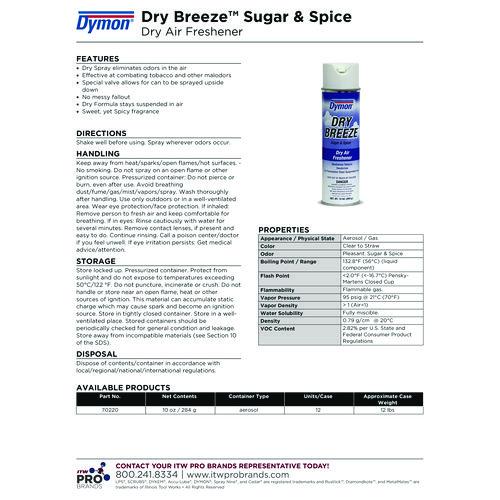 Image of Dymon® 70220 Dry Breeze Aerosol Air Freshener, Sugar And Spice, 10 Oz Aerosol Spray, 12/carton