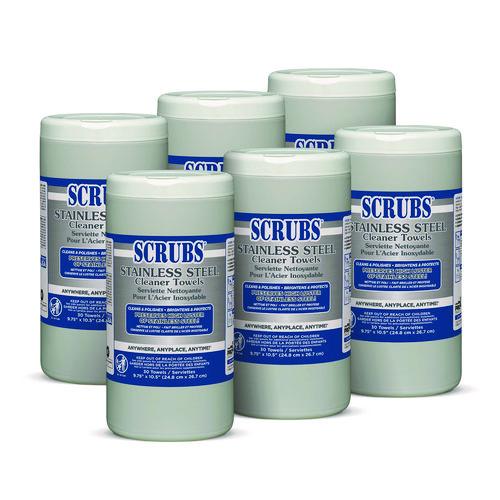 Image of SCRUBS® 91930 Stainless Steel Cleaner Towels, 1-Ply, 9.75 x 10.5, Lemon Scent, 30/Canister, 6 Canisters/Carton