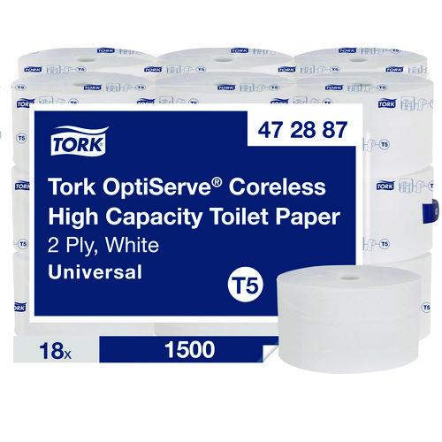 Image of Tork® 472887 OptiServe High-Capacity Coreless Toilet Paper, 2-Ply, White, 1,500 Sheets/Roll, 18 Rolls/Carton