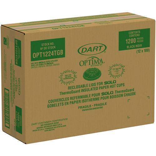Image of Dart® OPT1224TGB Optima Reclosable Lids for Hot Paper Cups, Fits 12 oz to 24 oz Hot Cups, Plastic, Black, 1,200/Carton