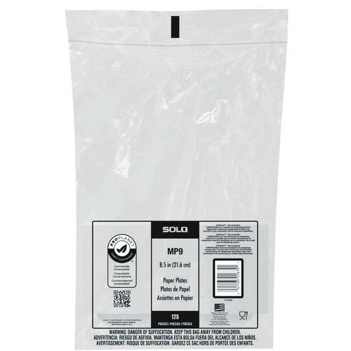 Image of SOLO® MP9-PLANET Compostable Paper Dinnerware, ProPlanet Seal, Plate, 8.5" dia, White, 500/Carton