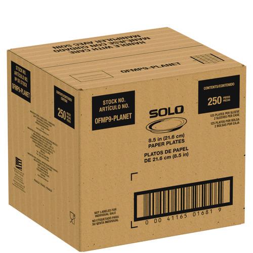 Image of SOLO® OFMP9-PLANET Compostable Paper Dinnerware, ProPlanet Seal, Plate, 9" dia, White, 250/Carton