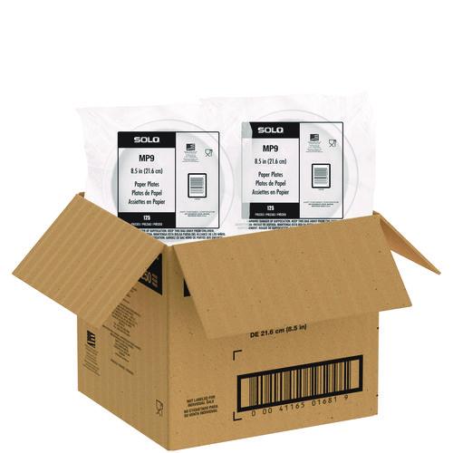 Image of SOLO® OFMP9-PLANET Compostable Paper Dinnerware, ProPlanet Seal, Plate, 9" dia, White, 250/Carton