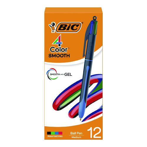Image of BIC® MMS11-A-AST 4-Color Smooth Multi-Color Ballpoint Pen, Retractable, Medium 1 mm, Black/Blue/Green/Red Ink, Black/Blue Barrel, 12/Pack