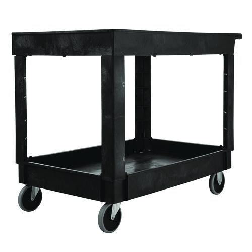 Image of Rubbermaid® Commercial FG452089BLA Heavy-Duty Utility Cart with Lipped Shelves, Plastic, 2 Shelves, 500 lb Capacity, 25.78" x 45.25" x 33.25", Black