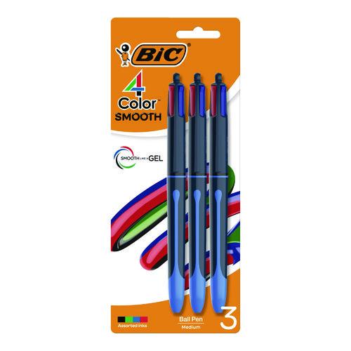 Image of BIC® MMSP3-A-AST 4-Color Smooth Multi-Color Ballpoint Pen, Retractable, Medium 1 mm, Black/Blue/Green/Red Ink, Black/Blue Barrel, 3/Pack