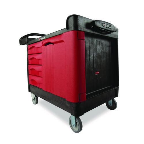 Image of Rubbermaid® Commercial FG453388BLA TradeMaster Cart with One Door, Plastic, 3 Shelves, 4 Drawers, 750 lb Capacity, 26.25" x 49" x 38", Black