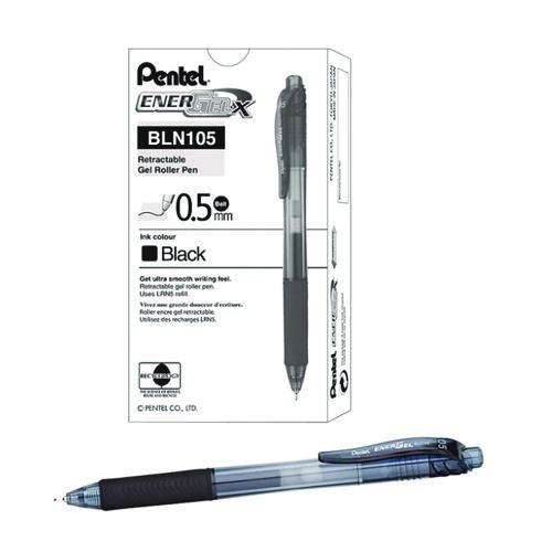 Image of Pentel® BLN105ASW2 EnerGel-X Gel Pen, Retractable, Fine 0.5 mm, Black Ink, Clear/Black Barrel, 24/Pack