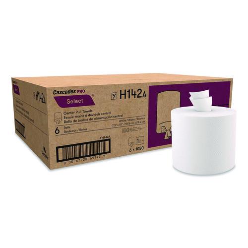 Image of Cascades PRO H142 Select Center-Pull Paper Towels, 1-Ply, 7.31 x 10, White, 1,080/Roll, 6 Rolls/Carton
