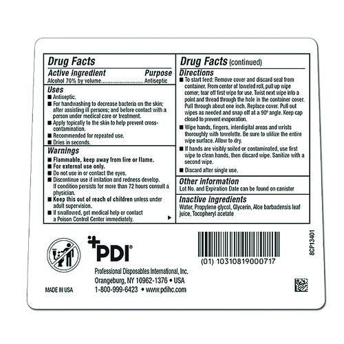 Image of Sani Professional® P15984 PDI Sani-Hands Instant Hand Sanitizing Wipes, 7.5 x 6, Unscented, White, 220/Canister, 6 Canisters/Carton