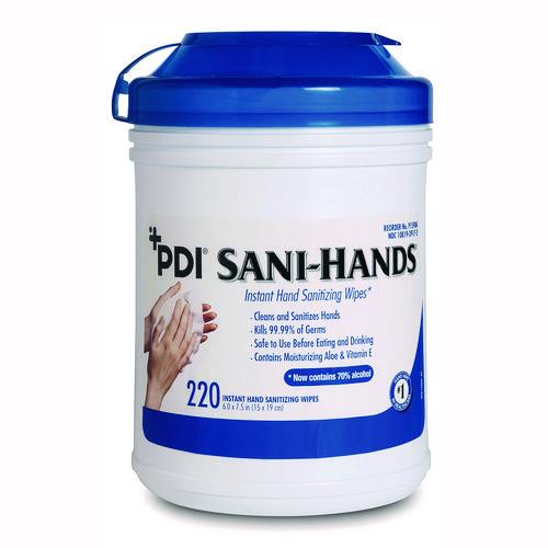Image of Sani Professional® P15984 PDI Sani-Hands Instant Hand Sanitizing Wipes, 7.5 x 6, Unscented, White, 220/Canister, 6 Canisters/Carton