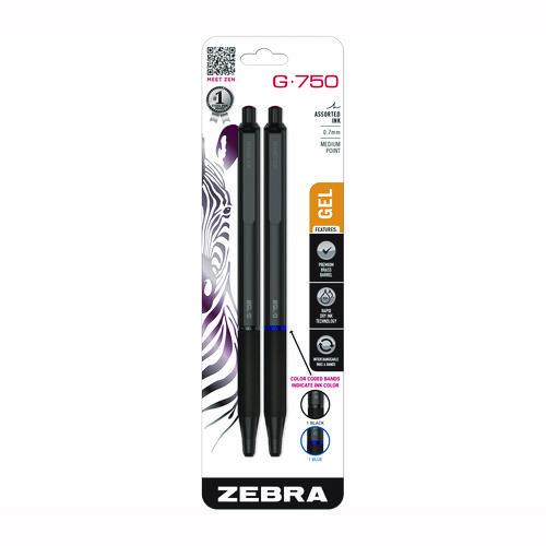 Image of Zebra® 49802 G-750 Gel Pen, Retractable, Medium 0.7 mm, Black; Blue Ink, Black Barrel, 2/Pack