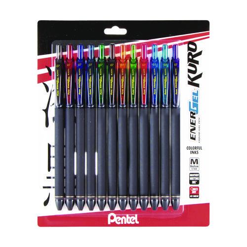 Image of Pentel® BL437R1BP12M EnerGel Kuro Gel Pen, Retractable, Medium 0.7 mm, Assorted Ink Colors, Black Barrel, 12/Pack