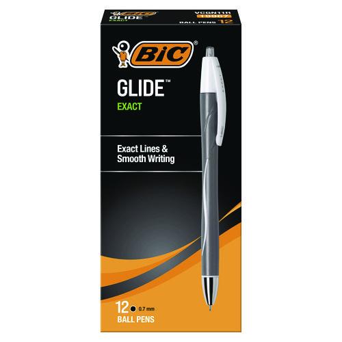 Image of BIC® VCGN11-BK Glide Exact Ballpoint Pen, Retractable, Fine 0.7 Mm, Black Ink, Black Barrel, Dozen