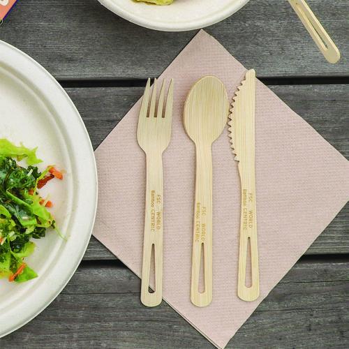 Image of World Centric® AS-BB-TN Bamboo Cutlery, Fork/Knife/Napkin/Spoon, Paper, Natural, 250/Carton