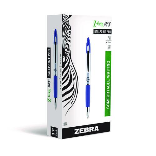 Image of Zebra® 22420 Z-Grip MAX Ballpoint Pen, Retractable, Medium 1 mm, Blue Ink, Silver/Blue Barrel, 12/Pack