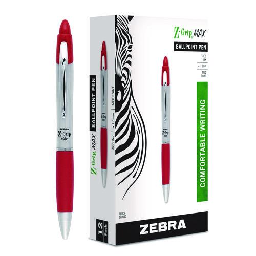 Image of Zebra® 22430 Z-Grip MAX Ballpoint Pen, Retractable, Medium 1 mm, Red Ink, Silver/Red Barrel, 12/Pack