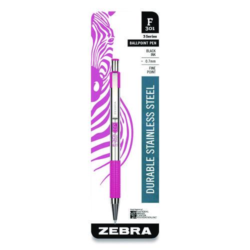 Image of Zebra® ZEB37111 F-301 Breast Cancer Awareness Ballpoint Pen, Retractable, Fine 0.7 mm, Black Ink, Stainless Steel/Pink Barrel