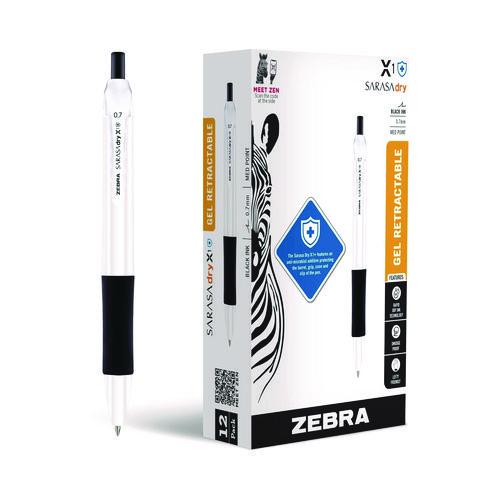 Image of Zebra® 41510 Sarasa Dry X1+ Gel Pen, Retractable, Medium 0.7 mm, Black Ink, White/Black Barrel, 12/Pack