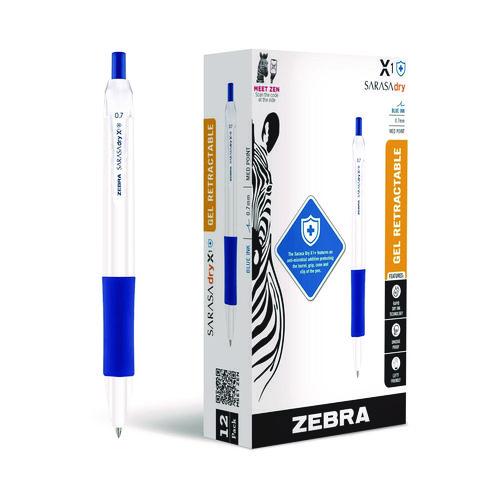 Image of Zebra® 41520 Sarasa Dry X1+ Gel Pen, Retractable, Medium 0.7 mm, Blue Ink, White/Blue Barrel, 12/Pack