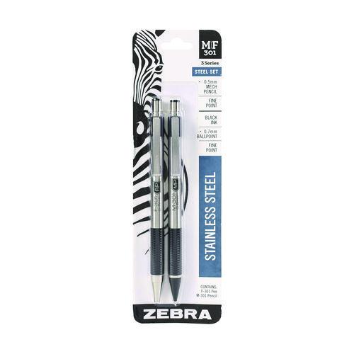 Image of Zebra® 57011 M/f 301 Stainless Steel Retractable Pen And Pencil Set, 0.7 Mm Black Pen, 0.5 Mm Hb Pencil, Stainless Steel Barrels