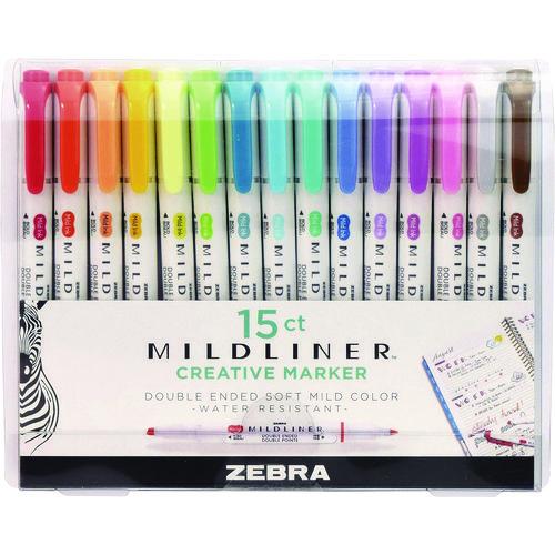 Image of Zebra® 78115 Mildliner Double Ended Highlighter, Assorted Ink Colors, Bold-Chisel/Fine-Bullet Tips, Assorted Barrel Colors, 15/Pack
