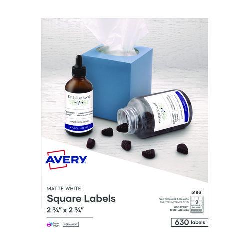 Image of Avery® 05196 Laser/Inkjet Media Labels, Inkjet/Laser Printers, 2.75" x 2.75", Matte White, 9 Labels/Sheet, 70 Sheets/Box