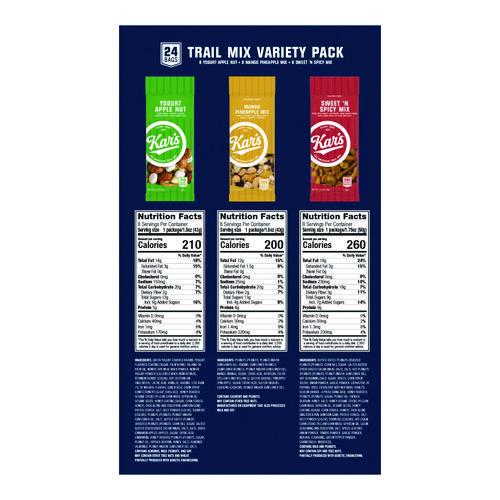 Image of Kar's KAR08363 Trail Mix Variety Pack, Mango Pineapple/Sweet 'N Spicy/Yogurt Apple Nut, 24 Packets/Box