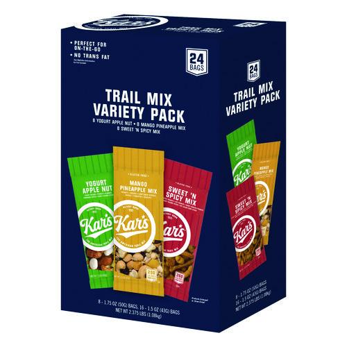 Image of Kar's KAR08363 Trail Mix Variety Pack, Mango Pineapple/Sweet 'N Spicy/Yogurt Apple Nut, 24 Packets/Box