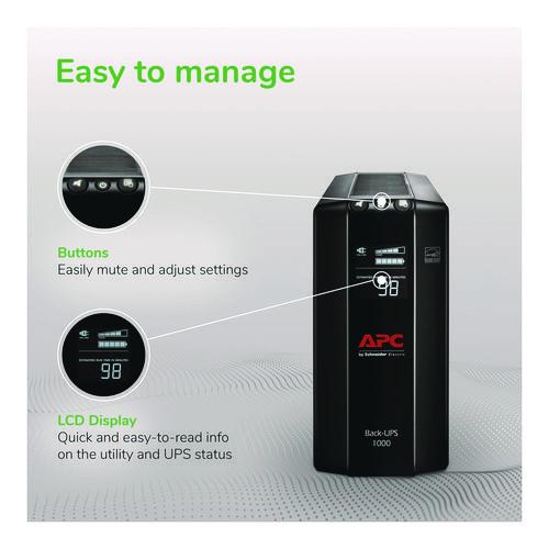 Image of APCÂ® Back-UPS Pro Compact Tower LCD Battery Backup and Surge Protector with USB, 1,000 VA, 8 Outlets, 1,103 J