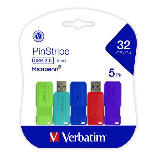 Image of Verbatim® 70055 PinStripe USB 3.2 Flash Drive, 32 GB, Assorted Colors, 5/Pack