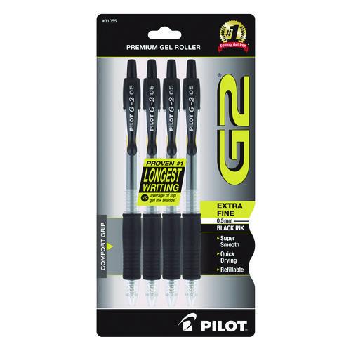 Image of Pilot® 31055 G2 Premium Gel Pen, Retractable, Extra-Fine 0.5 mm, Black Ink, Smoke/Black Barrel, 4/Pack