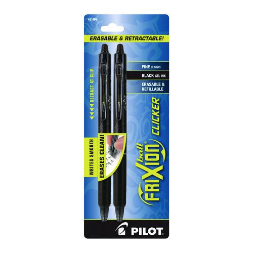Image of PilotÂ® FriXion Ball Clicker Erasable Gel Pen, Retractable, Fine 0.7 mm, Black Ink, Black Barrel, 2/Pack