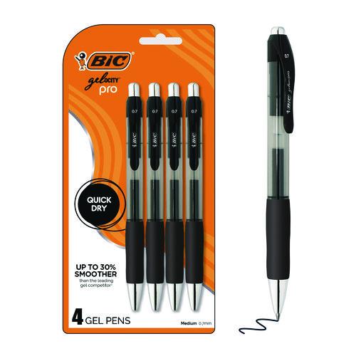 Image of BIC® RPGLP4-BLK Gel-ocity Pro Gel Pen, Retractable, Medium 0.7 mm, Black Ink, Translucent Black/Black Barrel, 4/Pack