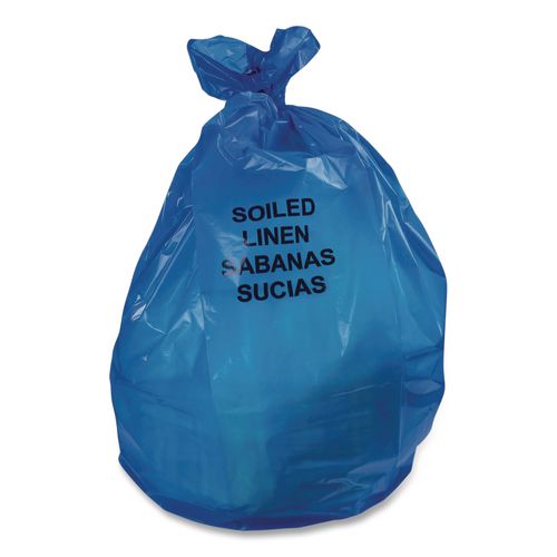 Image of Heritage Z8048YX H05 Healthcare Pre-Printed High-Density Can Liners, Soiled Linen, 45 gal, 18 mic, 40" x 48", Blue, Flat Pack, 200/Carton