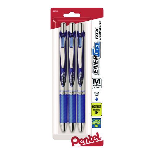 Image of Pentel® BL77BP3C EnerGel RTX Gel Pen, Retractable, Medium 0.7 mm, Blue Ink, Blue/Silver Barrel, 3/Pack