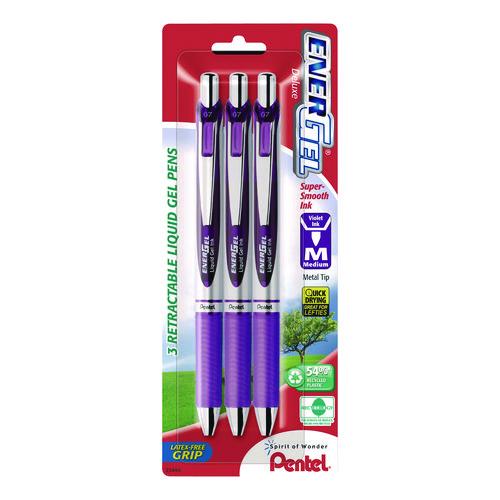 Image of Pentel® BL77BP3V EnerGel RTX Deluxe Gel Pen, Retractable, Medium 0.7 mm, Purple Ink, Purple/Silver Barrel, 3/Pack
