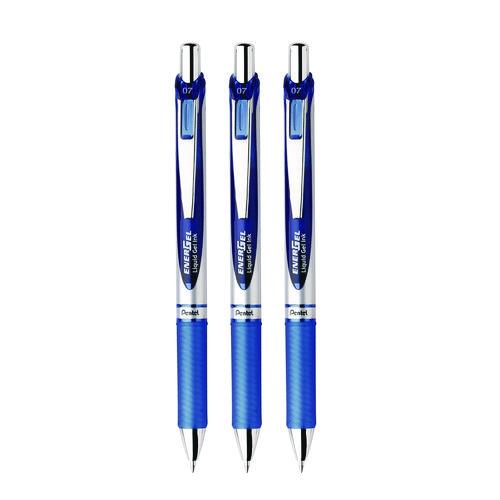 Image of Pentel® BL77BP3C EnerGel RTX Gel Pen, Retractable, Medium 0.7 mm, Blue Ink, Blue/Silver Barrel, 3/Pack