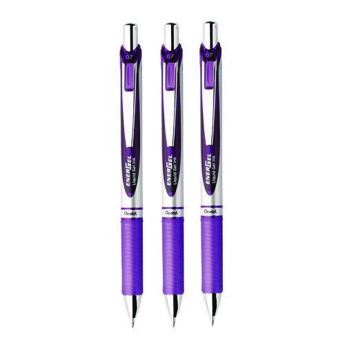 Image of Pentel® BL77BP3V EnerGel RTX Deluxe Gel Pen, Retractable, Medium 0.7 mm, Purple Ink, Purple/Silver Barrel, 3/Pack