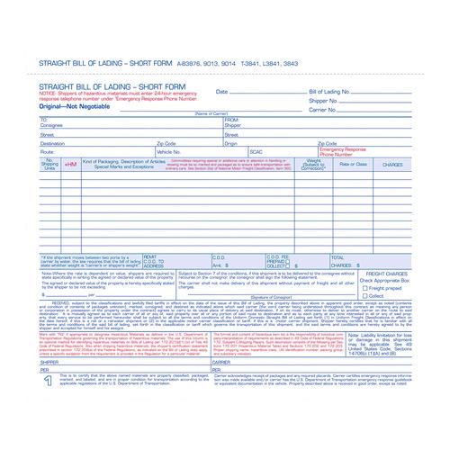 Image of Adams® 9013 Bill of Lading - Short Form for Up to Ten Articles, Three-Part Carbonless, 8.5 x 6.94, 50 Forms Total