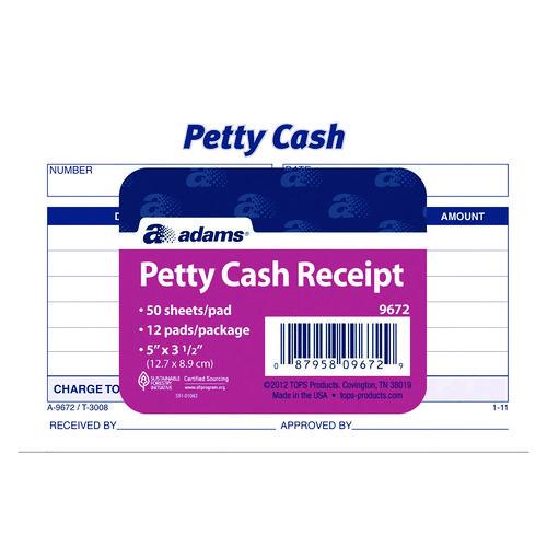 Image of Adams® 9672ABF Petty Cash Receipts, One-Part (No Copies), 5 x 3.5, 50 Receipts/Pad, 12 Pads/Pack