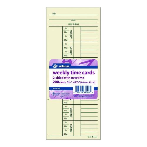 Image of Adams® 9660-200 Time Cards for Acroprint, Amano and Lathem Time Clocks, Two Sides, 3.4 x 8.25, 200/Pack
