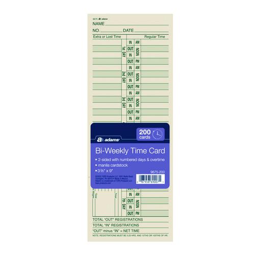 Image of Adams® 9675-200 Time Cards for Acroprint, Amano and Lathem Time Clocks, Two Sides, Bi-Weekly, 3.38 x 9, 200/Pack