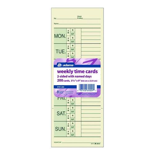 Image of Adams® 9791-200 Time Cards for Pyramid 1000 Time Clock, Two Sides, 3.38 x 9, 200/Pack