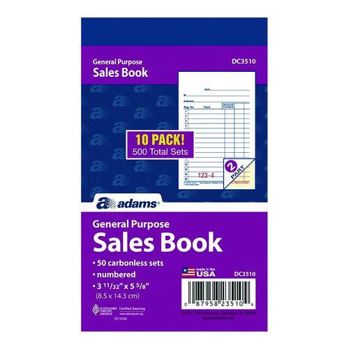 Image of AdamsÂ® Multipart General-Purpose Sales Pad, Two-Part Carbonless, 3.34 x 5.13, 50 Forms/Pad, 10 Pads/Pack