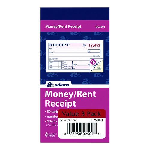 Image of Adams® DC2501-3 Money/Rent Receipt Book, Two-Part Carbonless, 4.88 x 2.75, 50 Receipts/Book, 3 Books/Pack