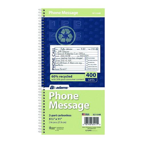 Image of Adams® SC1154R Wirebound Telephone Message Book, Two-Part Carbonless, 4.75 X 2.75, 4 Forms/sheet, 400 Forms Total